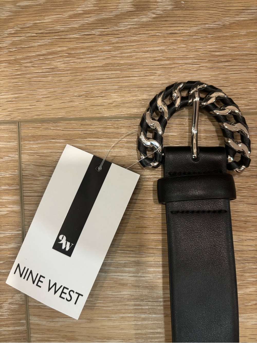 Nine West Black Leather Belt with Chunky Silver Chain Buckle - Medium